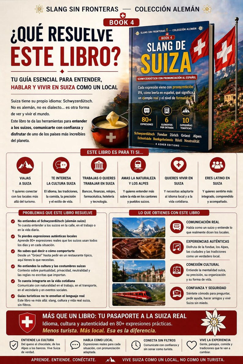May include: A book titled "Slang de Suiza" with a red and white Swiss flag on the cover. The book promises to teach the reader how to speak, understand, and live in Switzerland like a local, with over 80 expressions.