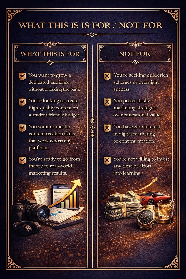 May include: A graphic with the text "WHAT THIS IS IS FOR / NOT FOR" in gold lettering. The image is divided into two sections, one labeled "WHAT THIS IS FOR" and the other "NOT FOR". The "WHAT THIS IS FOR" section lists benefits, and the "NOT FOR" section lists drawbacks.