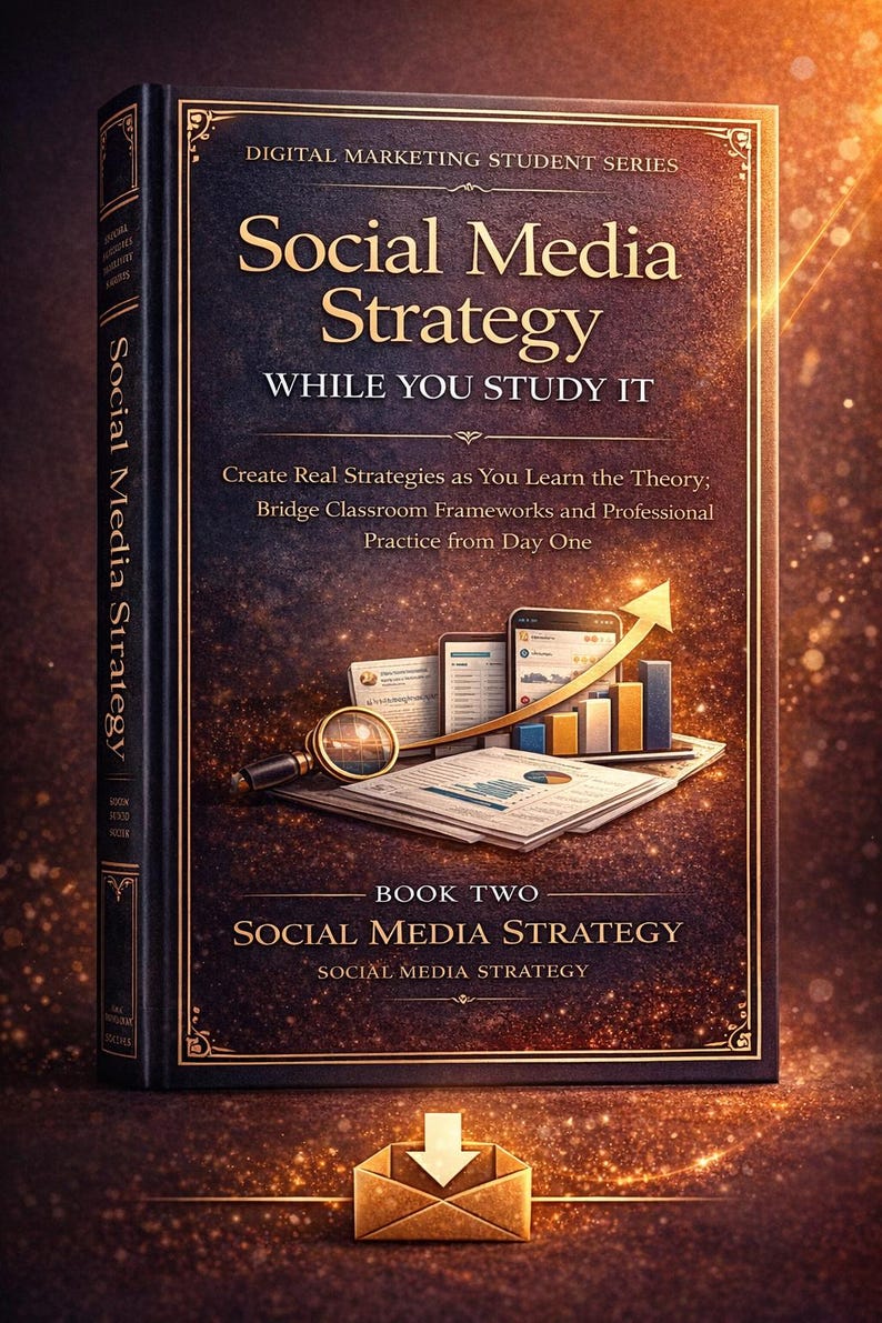 May include: A book cover for "Social Media Strategy" from the Digital Marketing Student Series. The cover is dark with gold lettering and accents. The title is prominent, with supporting text below. Graphics include charts, a magnifying glass, and a smartphone.