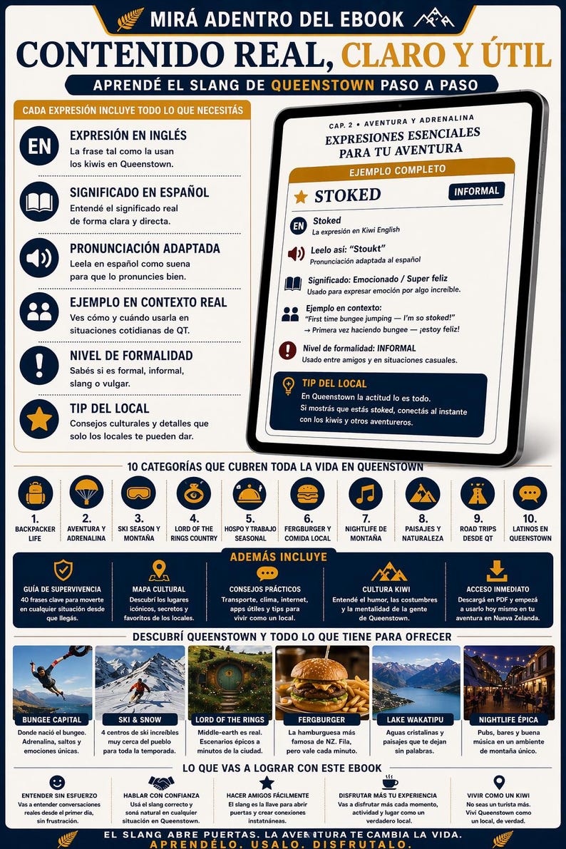 May include: A digital tablet screen showing information about Queenstown, New Zealand. The content includes local slang, adventure activities, and tips for visitors, with text in English and Spanish and various icons.