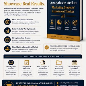 May include: An ebook cover titled "Analytics in Action: Marketing Students' Experiment Tracker" with a navy blue background. The cover features icons, bullet points, and text promoting analytics skills, real results, and practical application for marketers.