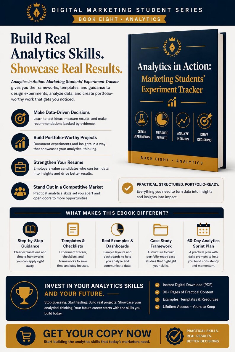 May include: An ebook cover titled "Analytics in Action: Marketing Students' Experiment Tracker" with a navy blue background. The cover features icons, bullet points, and text promoting analytics skills, real results, and practical application for marketers.