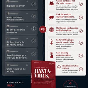 Puede incluir: Infograf&iacute;a que compara mitos y hechos sobre el Hantavirus. La imagen presenta un libro titulado "Hanta-Virus" y enumera rumores comunes frente a hechos claros sobre el virus, incluidos m&eacute;todos de limpieza seguros.