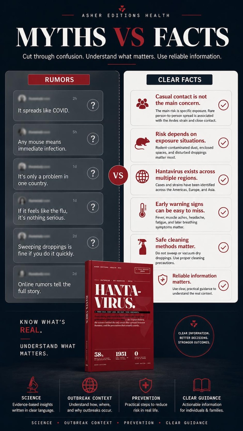Puede incluir: Infograf&iacute;a que compara mitos y hechos sobre el Hantavirus. La imagen presenta un libro titulado "Hanta-Virus" y enumera rumores comunes frente a hechos claros sobre el virus, incluidos m&eacute;todos de limpieza seguros.