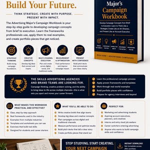 May include: The Advertising Major's Campaign Workbook, a guide for digital marketing students, is displayed. The cover features a navy blue background with white text. The book promises to help build real campaigns, portfolios, and futures.