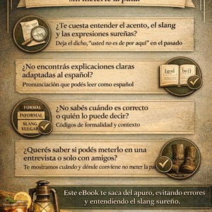 Puede incluir: Portada de un ebook en espa&ntilde;ol que aborda la jerga del sur de Estados Unidos. Incluye ilustraciones de una lupa, un libro y botas de vaquero. En primer plano, un vaso de t&eacute; helado y una l&aacute;mpara.