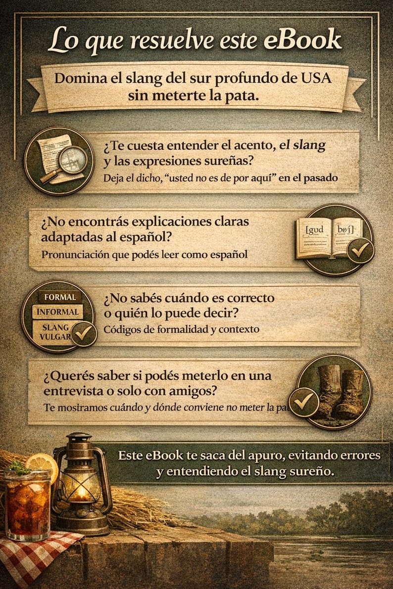 Puede incluir: Portada de un ebook en espa&ntilde;ol que aborda la jerga del sur de Estados Unidos. Incluye ilustraciones de una lupa, un libro y botas de vaquero. En primer plano, un vaso de t&eacute; helado y una l&aacute;mpara.