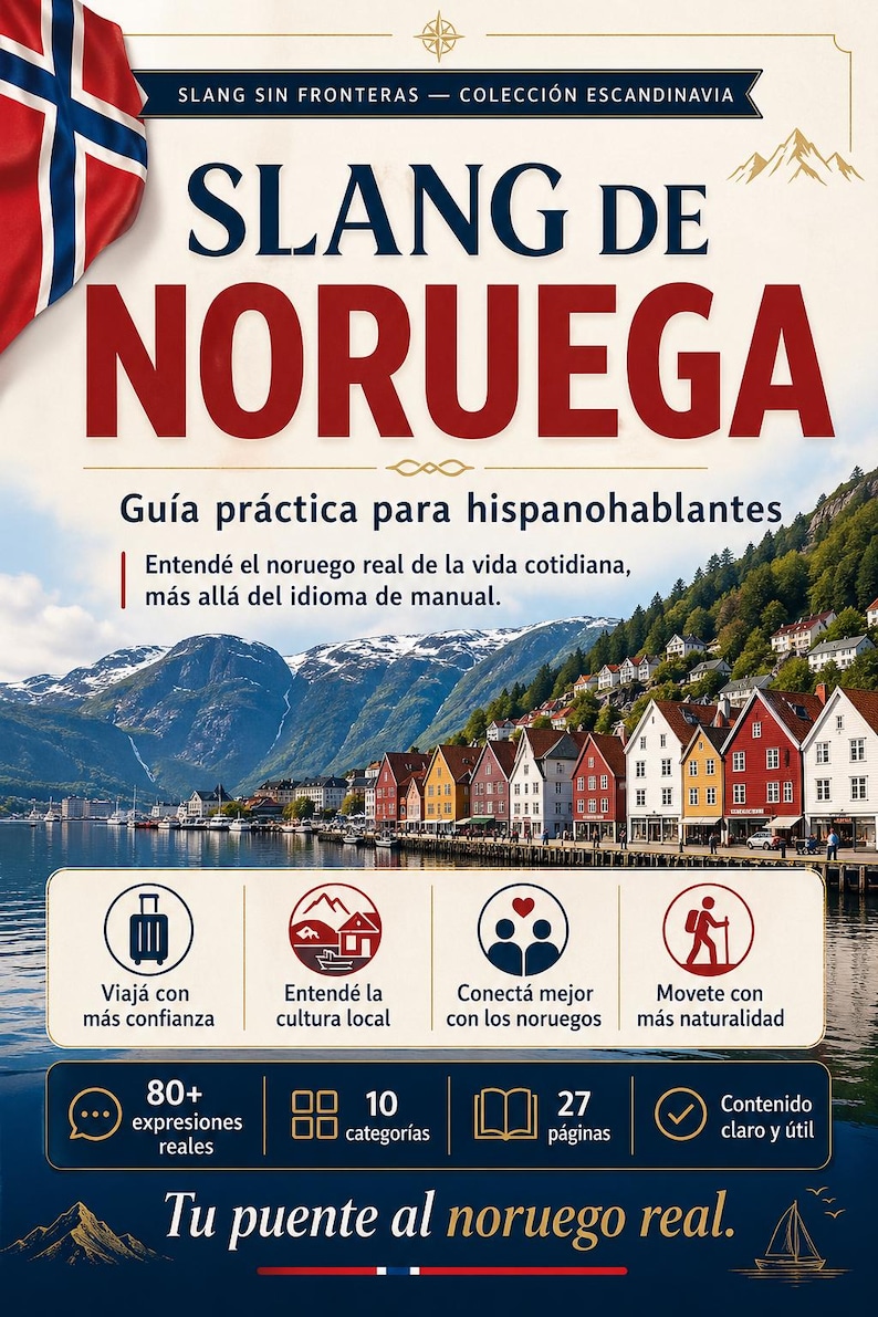 May include: A promotional image for a book titled "Slang de Noruega" (Slang of Norway) in Spanish. The cover features a Norwegian flag, the title in large red letters, and a scenic view of a Norwegian town. The book promises to help Spanish speakers understand real Norwegian slang.