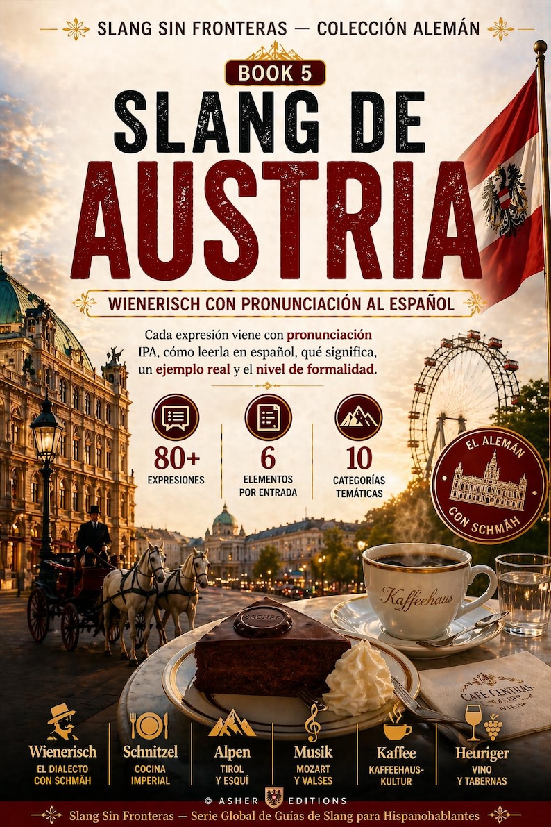 May include: Book cover for "Slang de Austria" in Spanish, part of the "Slang Sin Fronteras" series. Features the Austrian flag, a cityscape, a Ferris wheel, and a cup of coffee with cake. Includes text about expressions, elements, and categories.