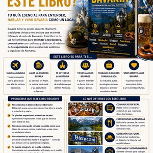 May include: A book cover titled "Slang de Bavaria" with a blue background, featuring a Bavarian landscape and text in Spanish. The cover promotes learning Bavarian slang and culture.