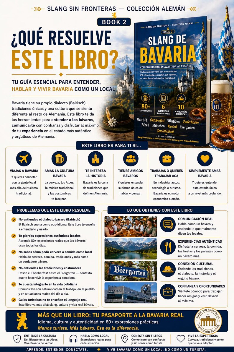 May include: A book cover titled "Slang de Bavaria" with a blue background, featuring a Bavarian landscape and text in Spanish. The cover promotes learning Bavarian slang and culture.