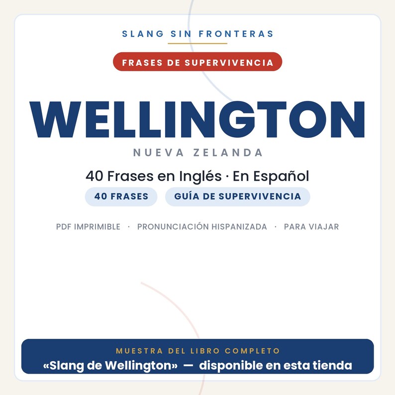 May include: A digital document titled SLANG SIN FRONTERAS FRASES DE SUPERVIVENCIA WELLINGTON NUEVA ZELANDA 40 Frases en Ingl&eacute;s En Espa&ntilde;ol. It includes sections for 40 FRASES, GU&Iacute;A DE SUPERVIVENCIA, PDF IMPRIMIBLE, PRONUNCIACI&Oacute;N HISPANIZADA, and PARA VIAJAR.