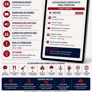 Op de afbeelding: Digitale tablet met een taalleergids over Liverpool-slang. De gids bevat Engelse uitdrukkingen, Spaanse vertalingen, uitspraak tips en voorbeeldzinnen. Het behandelt verschillende onderwerpen zoals begroetingen, pubs, muziek en nachtleven.