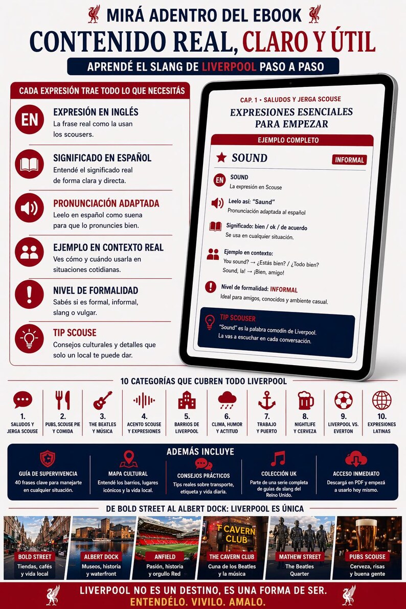 Op de afbeelding: Digitale tablet met een taalleergids over Liverpool-slang. De gids bevat Engelse uitdrukkingen, Spaanse vertalingen, uitspraak tips en voorbeeldzinnen. Het behandelt verschillende onderwerpen zoals begroetingen, pubs, muziek en nachtleven.