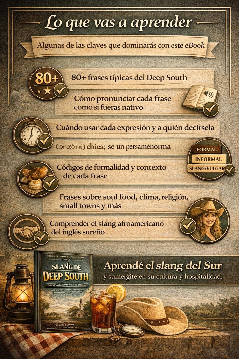 Puede incluir: Una portada de libro electr&oacute;nico titulada "Slang de Deep South" con una lista de temas que incluyen frases, pronunciaci&oacute;n y contexto cultural. La imagen presenta una bebida, un sombrero y una linterna, con texto en espa&ntilde;ol.
