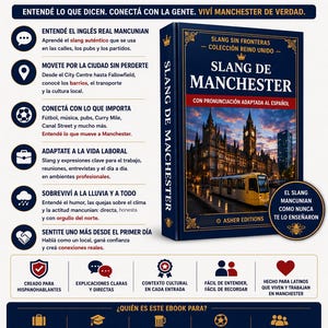Op de afbeelding: Een ebook cover getiteld "Slang de Manchester" met een stadsgezicht op de achtergrond. Het boek belooft de authentieke slang van Manchester te leren, met Spaanse uitspraak. De cover bevat ook Spaanse tekst en is bedoeld voor Spaanstaligen.