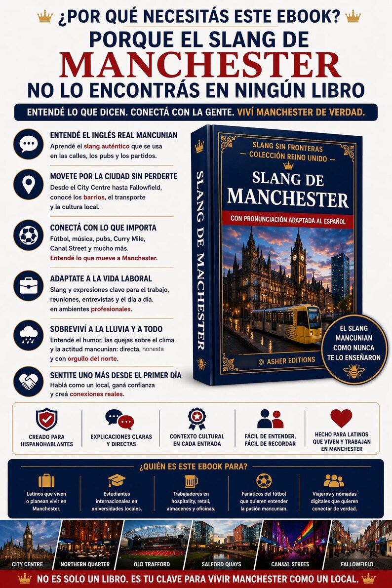 Op de afbeelding: Een ebook cover getiteld "Slang de Manchester" met een stadsgezicht op de achtergrond. Het boek belooft de authentieke slang van Manchester te leren, met Spaanse uitspraak. De cover bevat ook Spaanse tekst en is bedoeld voor Spaanstaligen.