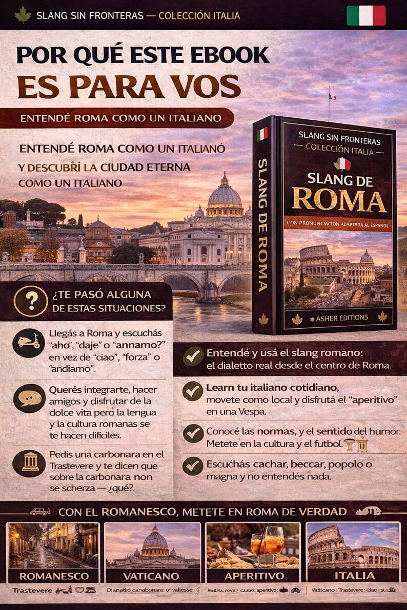 May include: An ebook cover titled "Slang de Roma" with the text "Slang Sin Fronteras - Colecci&oacute;n Italia." The cover features a photo of Rome and promises to help readers understand Roman slang. The book is by Asher Editions.