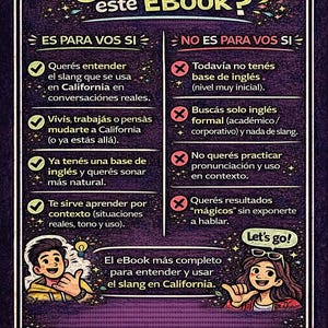 May include: A purple and black infographic with the title "&iquest;Para qui&eacute;n es este Ebook?" lists criteria for and against using the ebook. The text includes "Let's go!" and cartoon illustrations.