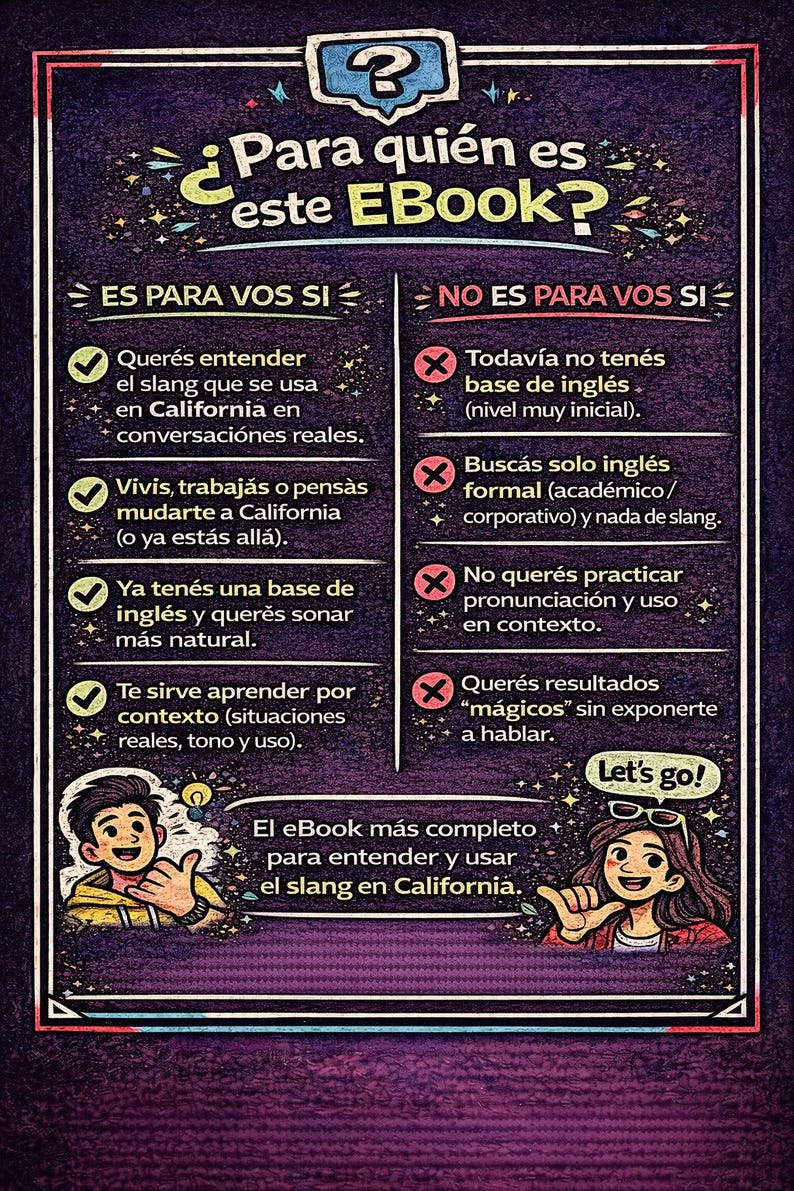 May include: A purple and black infographic with the title "&iquest;Para qui&eacute;n es este Ebook?" lists criteria for and against using the ebook. The text includes "Let's go!" and cartoon illustrations.
