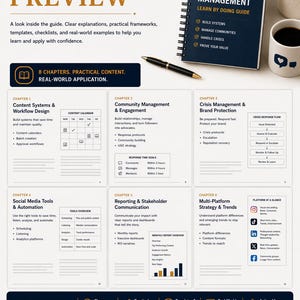 May include: A preview of a social media management guide. The cover of the book is dark blue with white text. The guide includes chapters on content systems, community management, crisis management, and social media tools.