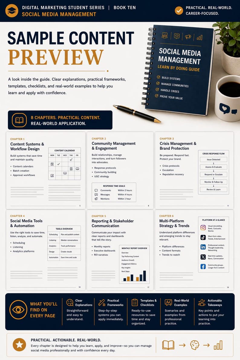 May include: A preview of a social media management guide. The cover of the book is dark blue with white text. The guide includes chapters on content systems, community management, crisis management, and social media tools.