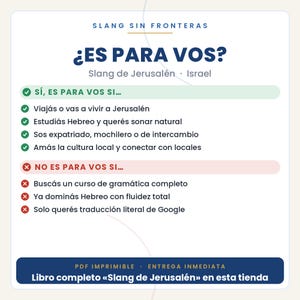 K&ouml;nnte beinhalten: Eine wei&szlig;e Informationsgrafik mit dem Titel SLANG SIN FRONTERAS und der &Uuml;berschrift ES PARA VOS? Slang de Jerusal&eacute;n Israel. Sie listet Kriterien f&uuml;r die Zielgruppe mit gr&uuml;nen H&auml;kchen und f&uuml;r Nicht-Zielgruppen mit roten Kreuzen auf, endend mit einem Text &uuml;ber ein PDF.