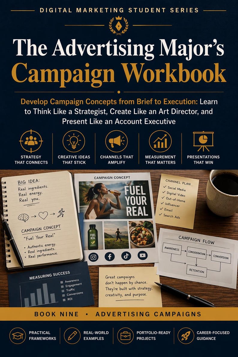 May include: A workbook titled "The Advertising Major's Campaign Workbook" with text and graphics. It covers campaign concepts, strategy, creative ideas, channels, measurement, and presentations. Includes notes, a coffee cup, and a pen.