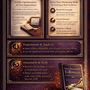 May include: A promotional graphic with a dark purple background and gold accents. The image features text about marketing skills, including "Your First 1000 Followers" book, a laptop, and a graph. The text is in a decorative frame.