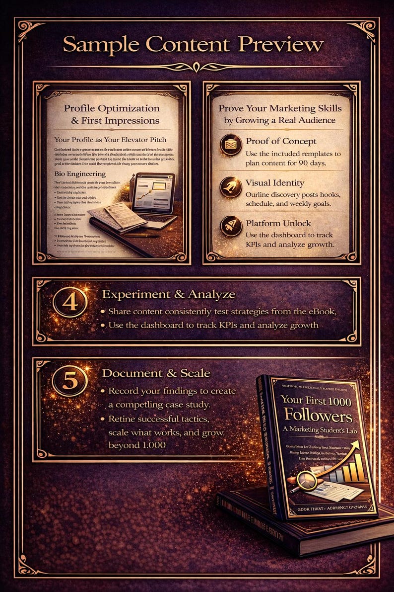 May include: A promotional graphic with a dark purple background and gold accents. The image features text about marketing skills, including "Your First 1000 Followers" book, a laptop, and a graph. The text is in a decorative frame.