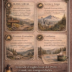 May include: An illustrated eBook cover in sepia tones. The title asks "What problems does this eBook solve?" with sections on slang, accent, common errors, and confidence in understanding and using PNW English. Includes a Trailhead sign, a cityscape, and a map.
