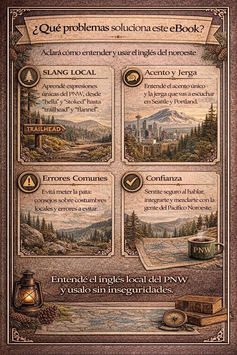 May include: An illustrated eBook cover in sepia tones. The title asks "What problems does this eBook solve?" with sections on slang, accent, common errors, and confidence in understanding and using PNW English. Includes a Trailhead sign, a cityscape, and a map.