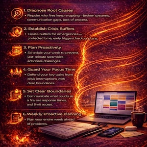 May include: Image showing a laptop, smartphone, and coffee cup on a desk. The image has text that says "SAMPLE CONTENT PREVIEW" and "Access simple, actionable worksheets designed to shift you from firefighting to proactive work."