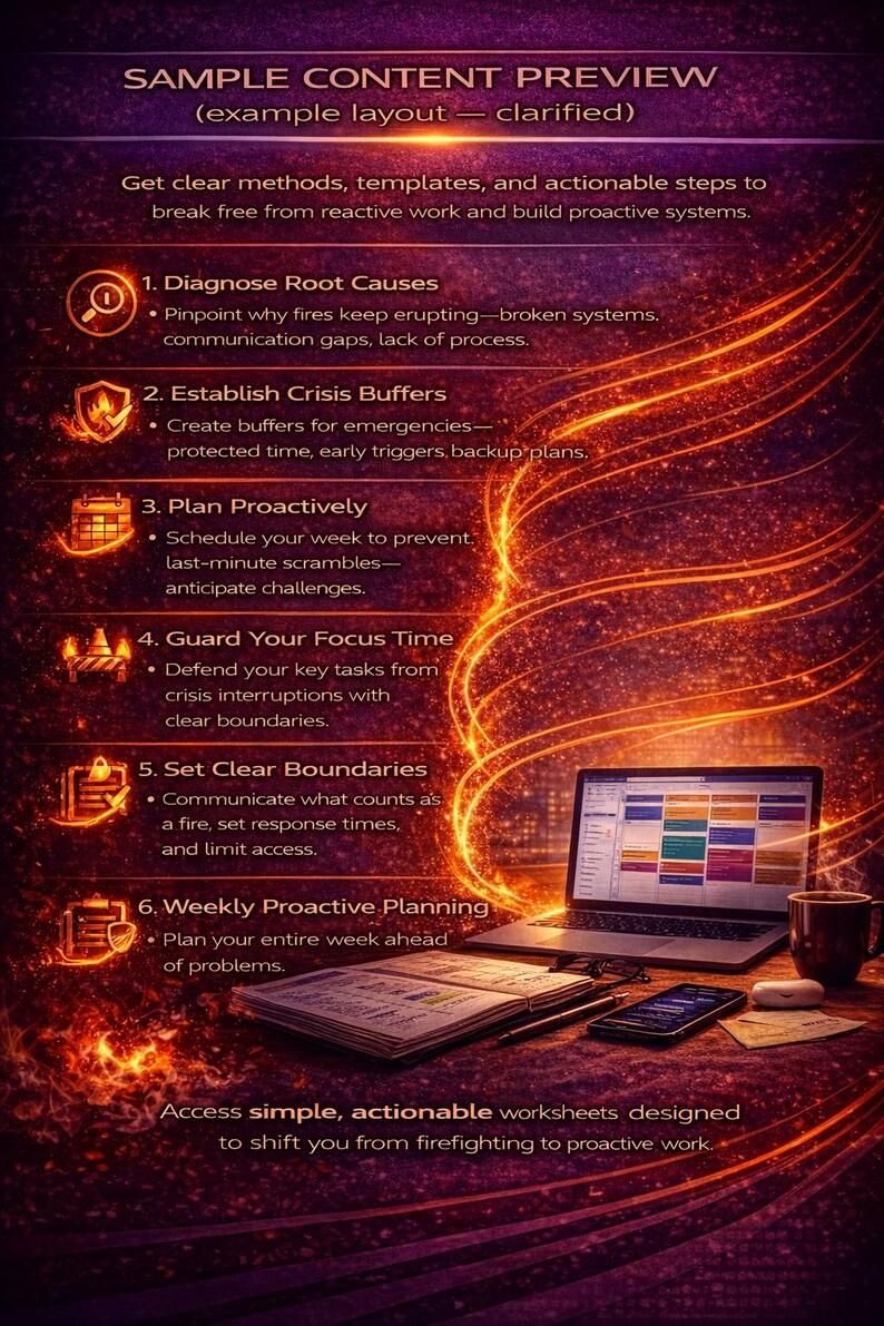 May include: Image showing a laptop, smartphone, and coffee cup on a desk. The image has text that says "SAMPLE CONTENT PREVIEW" and "Access simple, actionable worksheets designed to shift you from firefighting to proactive work."