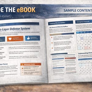 May include: Open ebook with the title "INSIDE THE eBOOK" and the subtitle "(Example Layout)". The pages display content about a "Three-Layer Defense System" with diagrams and text. A calendar is also visible.