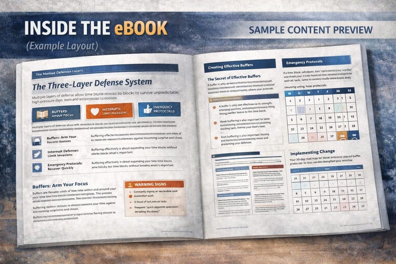 May include: Open ebook with the title "INSIDE THE eBOOK" and the subtitle "(Example Layout)". The pages display content about a "Three-Layer Defense System" with diagrams and text. A calendar is also visible.