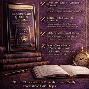 Puede incluir: Imagen promocional de un ebook con el t&iacute;tulo "Leadership Studies Applied" en una tableta y un libro. La imagen incluye texto: "What's Included in This eBook" y "Turn Theory into Practice with Daily Executive Lab Reps."
