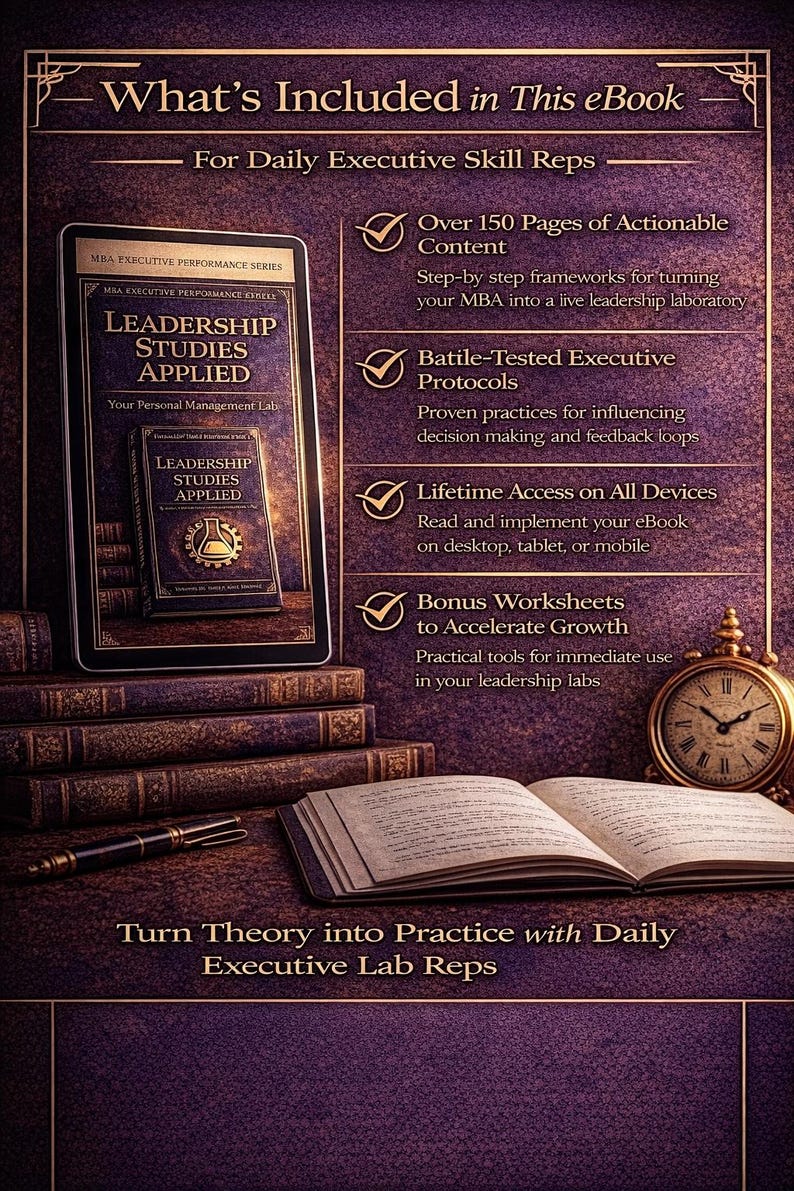 Puede incluir: Imagen promocional de un ebook con el t&iacute;tulo "Leadership Studies Applied" en una tableta y un libro. La imagen incluye texto: "What's Included in This eBook" y "Turn Theory into Practice with Daily Executive Lab Reps."