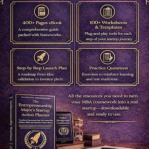 May include: A promotional image with a purple theme, showcasing resources for entrepreneurs. It includes a book titled 'The Entrepreneurship Major's Startup Action Planner', a tablet, and text detailing the benefits of the program.
