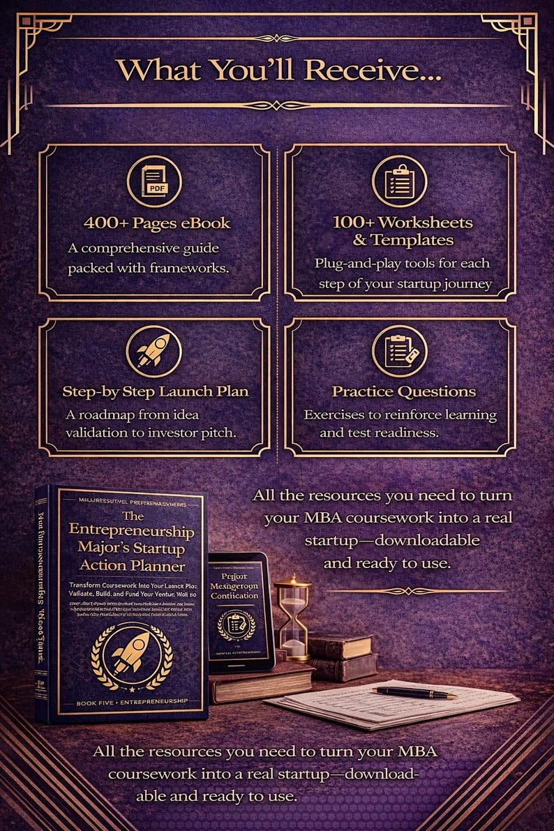 May include: A promotional image with a purple theme, showcasing resources for entrepreneurs. It includes a book titled 'The Entrepreneurship Major's Startup Action Planner', a tablet, and text detailing the benefits of the program.
