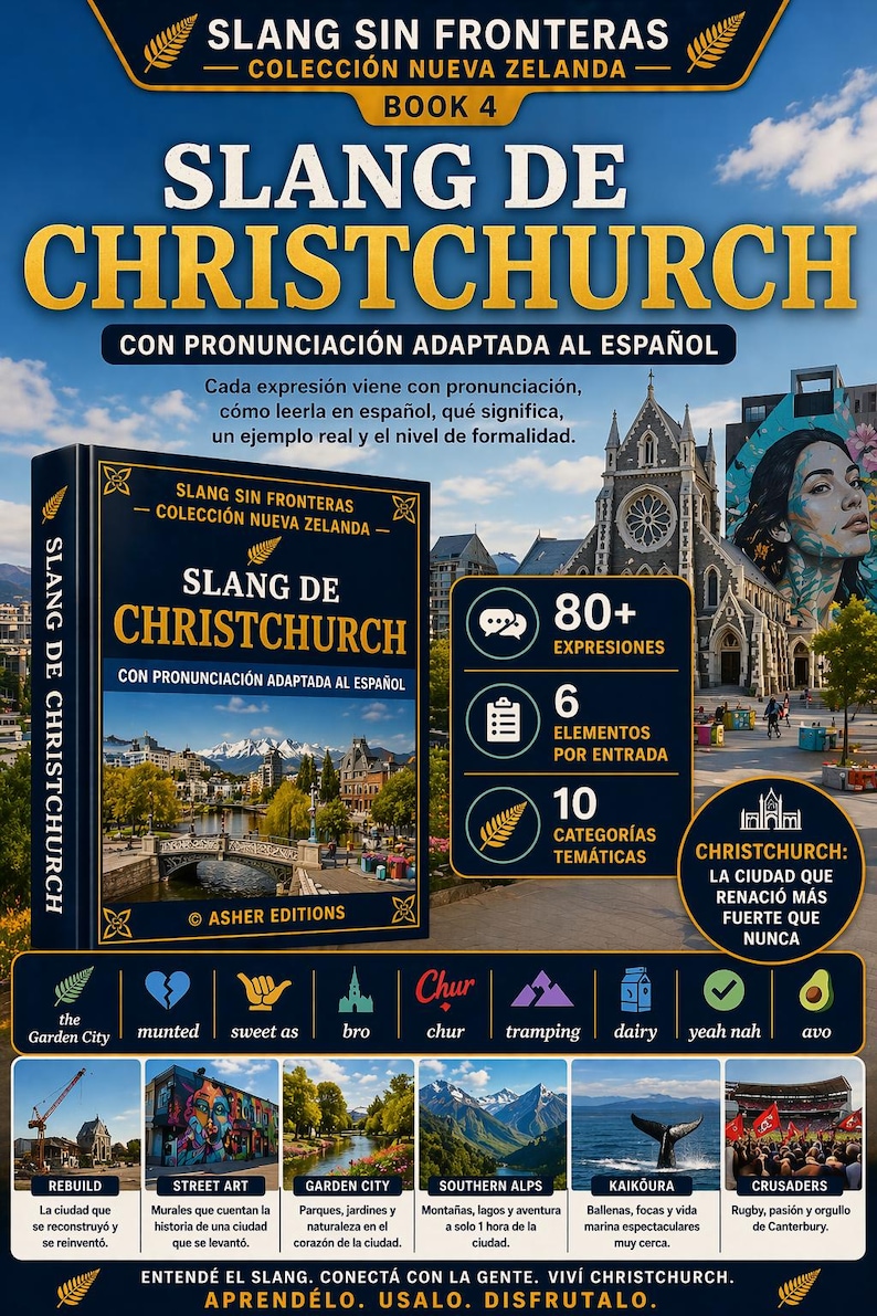 May include: A book titled "Slang de Christchurch" with the text "Slang Sin Fronteras" and "Colecci&oacute;n Nueva Zelanda." The cover features a city landscape and icons. The book includes 80+ expressions, 6 elements per entry, and 10 thematic categories.