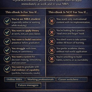 Puede incluir: Gr&aacute;fico azul oscuro con el texto "Who This Is For (and Not For)". El gr&aacute;fico enumera los criterios para un libro electr&oacute;nico de MBA, incluyendo para qui&eacute;n es y para qui&eacute;n no, con marcas de verificaci&oacute;n y marcas X. El gr&aacute;fico est&aacute; dirigido a estudiantes de MBA.