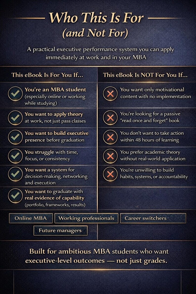 Puede incluir: Gr&aacute;fico azul oscuro con el texto "Who This Is For (and Not For)". El gr&aacute;fico enumera los criterios para un libro electr&oacute;nico de MBA, incluyendo para qui&eacute;n es y para qui&eacute;n no, con marcas de verificaci&oacute;n y marcas X. El gr&aacute;fico est&aacute; dirigido a estudiantes de MBA.