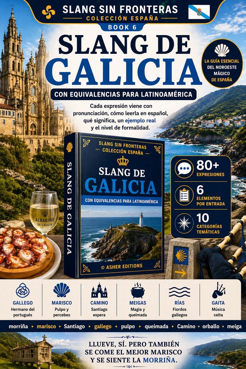 May include: A book cover for "Slang de Galicia" with text in Spanish, featuring a lighthouse, coastal scenery, and a glass of wine. The cover includes the text "Slang Sin Fronteras" and "Colecci&oacute;n Espa&ntilde;a".