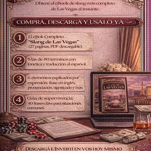 Puede incluir: Imagen promocional de un ebook titulado "Slang de Las Vegas", con un port&aacute;til que muestra la portada del libro. La imagen incluye fichas de casino, naipes y un vaso de whisky, con texto en espa&ntilde;ol promocionando el ebook.