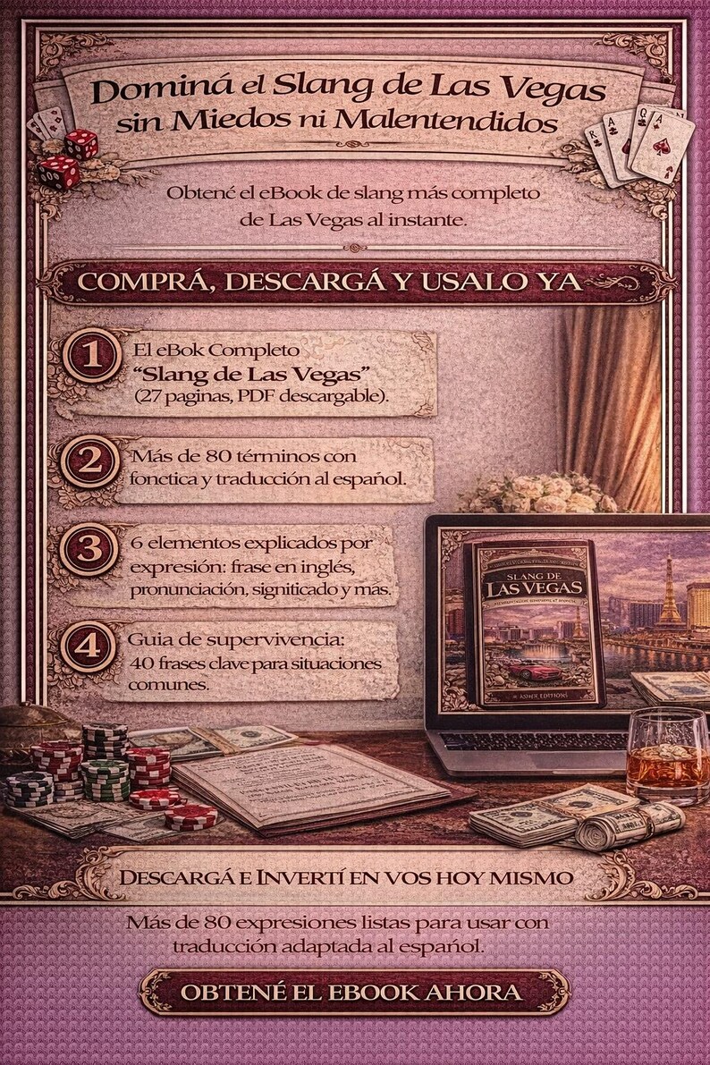 Puede incluir: Imagen promocional de un ebook titulado "Slang de Las Vegas", con un port&aacute;til que muestra la portada del libro. La imagen incluye fichas de casino, naipes y un vaso de whisky, con texto en espa&ntilde;ol promocionando el ebook.