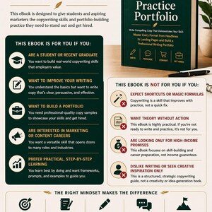 May include: An ebook cover titled "The Copywriting Student's Practice Portfolio" with a dark green background. The graphic includes text about copywriting skills and a list of who the ebook is for and not for, with icons.