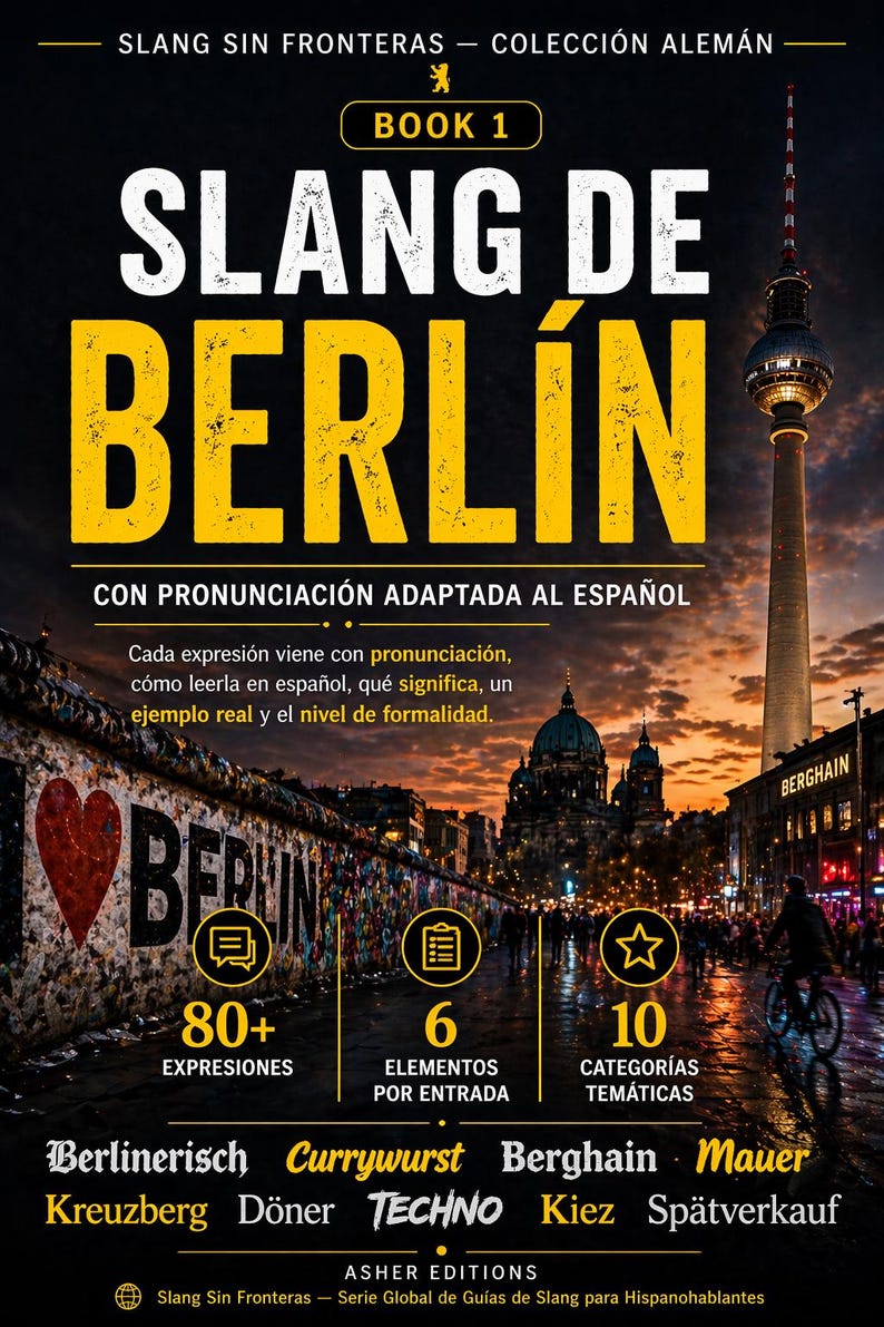 May include: Book cover titled "Slang de Berlin" with the Berlin TV Tower in the background. The cover features the text "Slang de Berlin" in large yellow letters, with additional text in Spanish. The book is part of the "Slang Sin Fronteras" series.