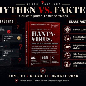May include: A dark graphic with the title "MYTHS VS. FACTS" and the word "Hantavirus" on a book cover. The image presents information about the virus, including facts and myths, with text and icons. The background is black.