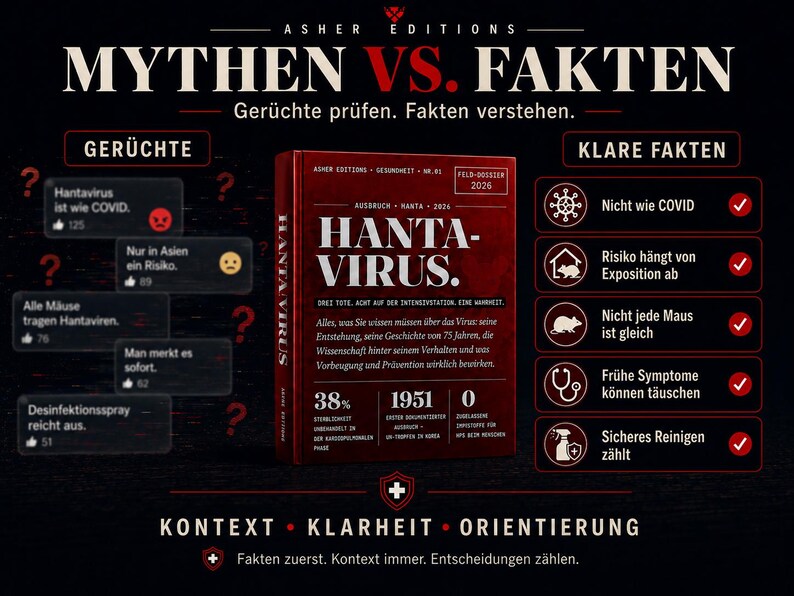 May include: A dark graphic with the title "MYTHS VS. FACTS" and the word "Hantavirus" on a book cover. The image presents information about the virus, including facts and myths, with text and icons. The background is black.